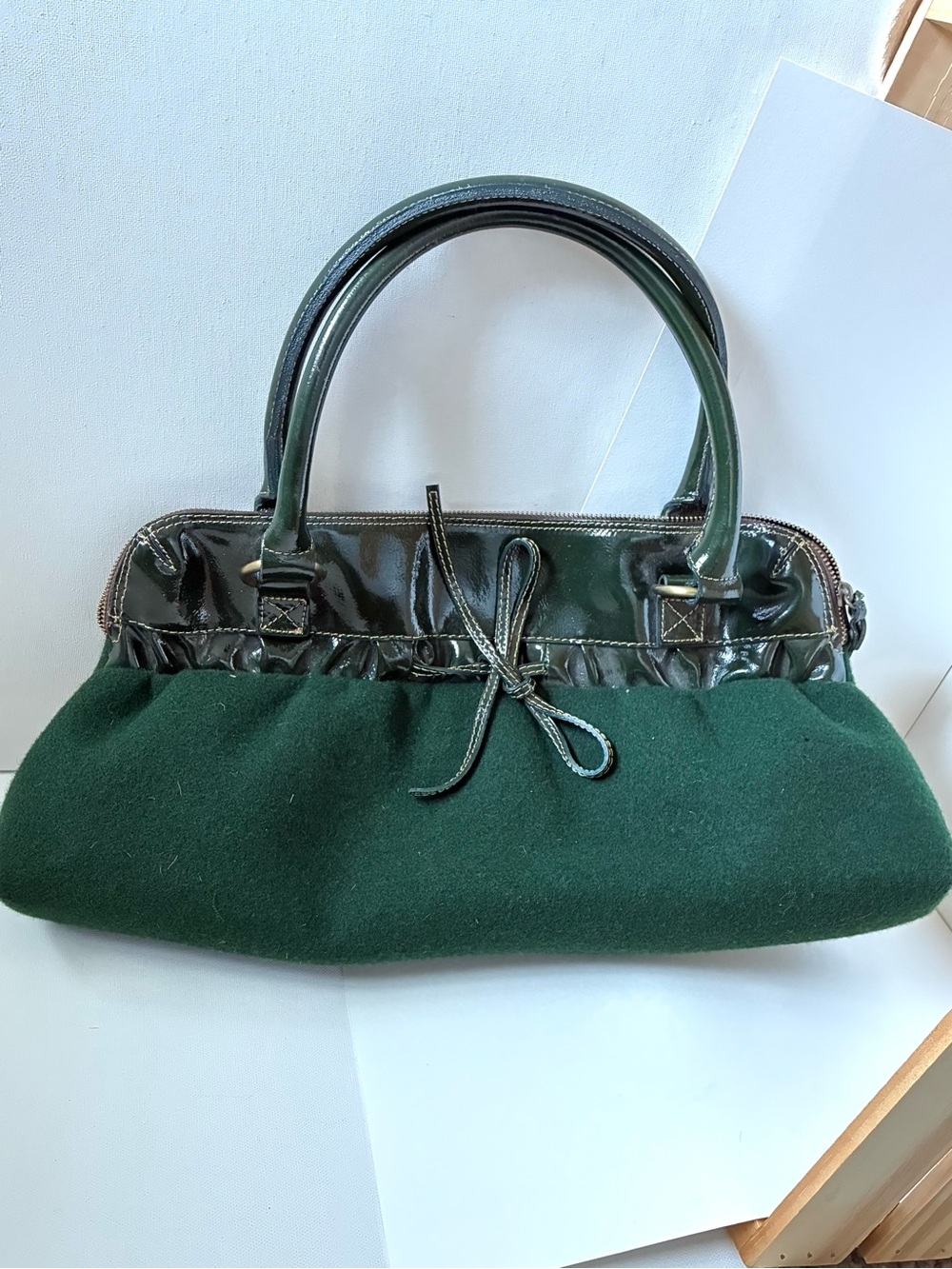 Sofia C. Made in Italy Dark Green Wool & Patent Leather Bow Satchel Handbag